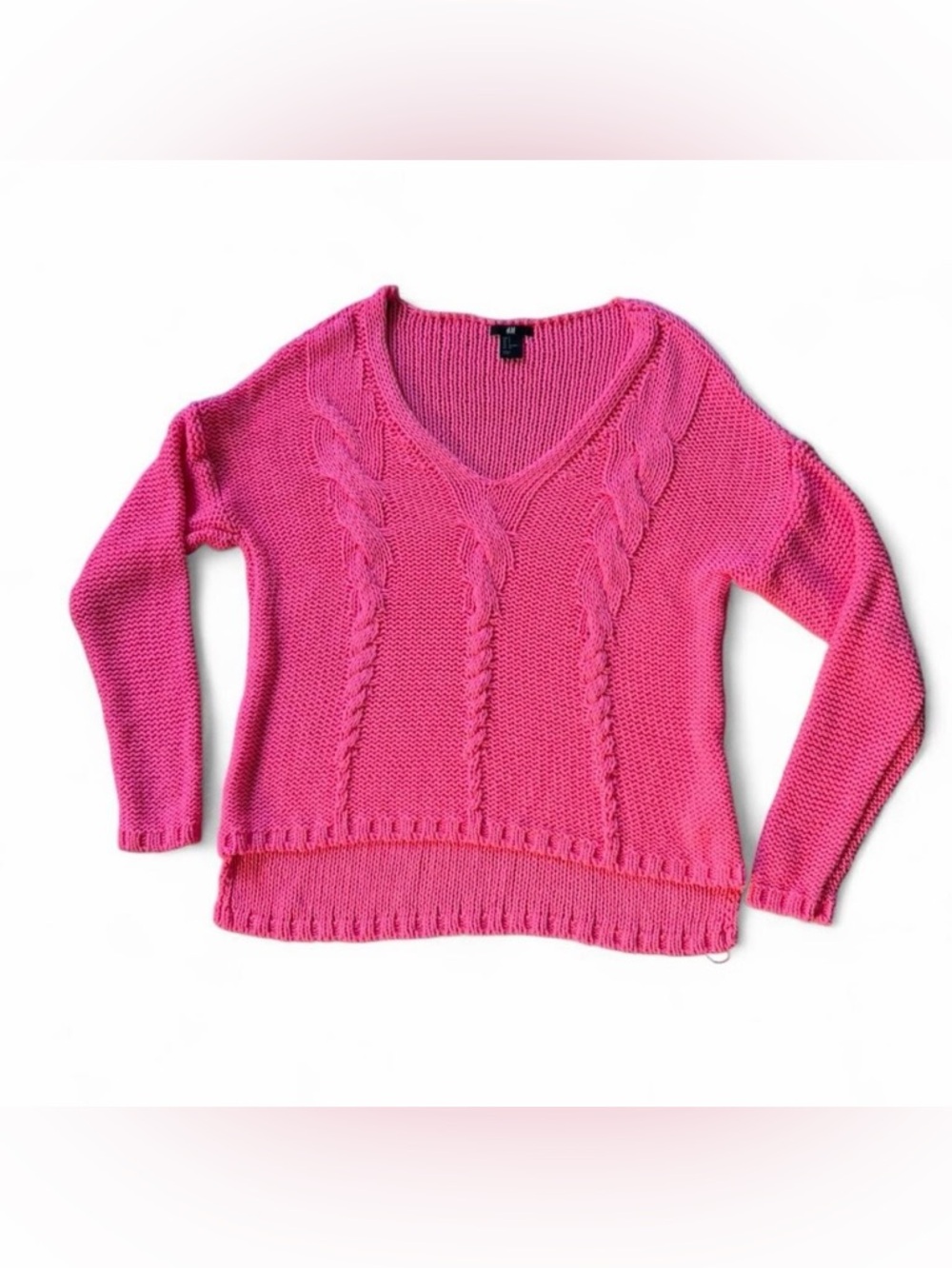 H&M Hot Pink V-Neck Cable Knit Sweater